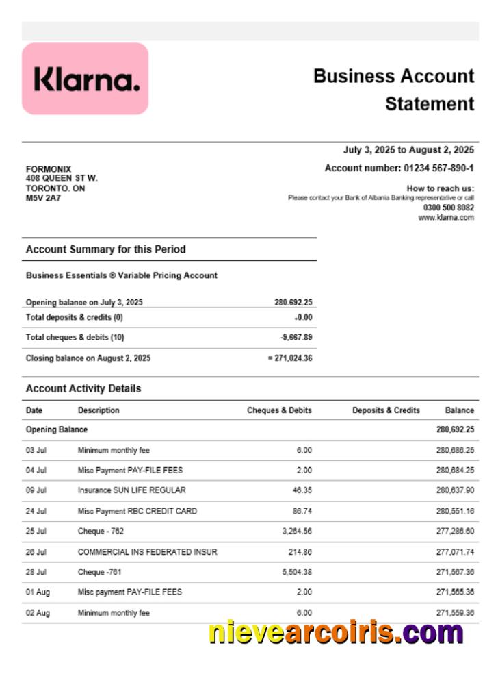 Klarna Bank firm account statement